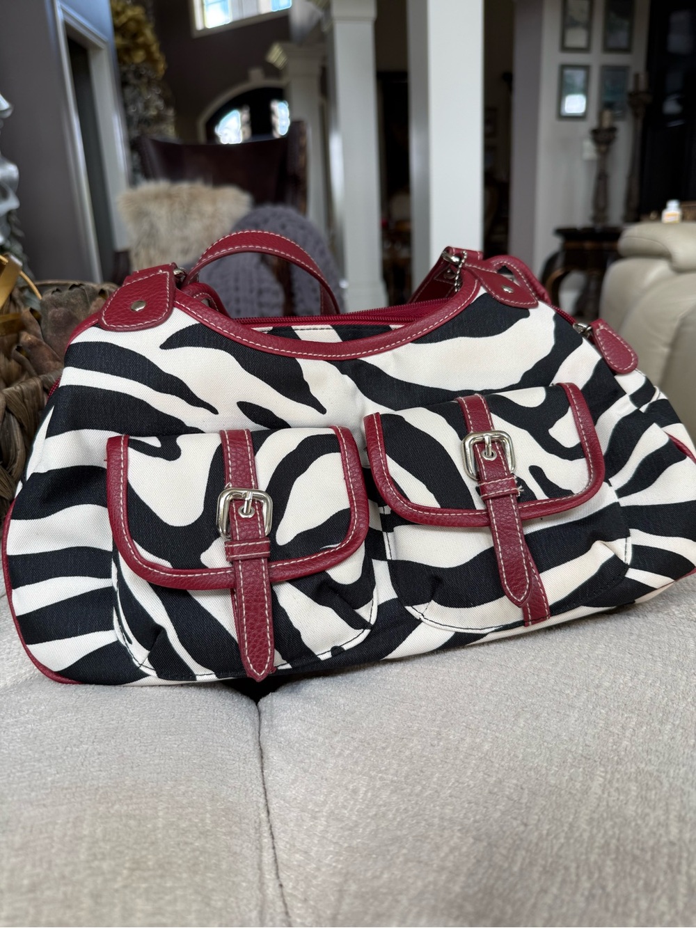 Zebra-Print Shoulder Bag with Burgundy Trim